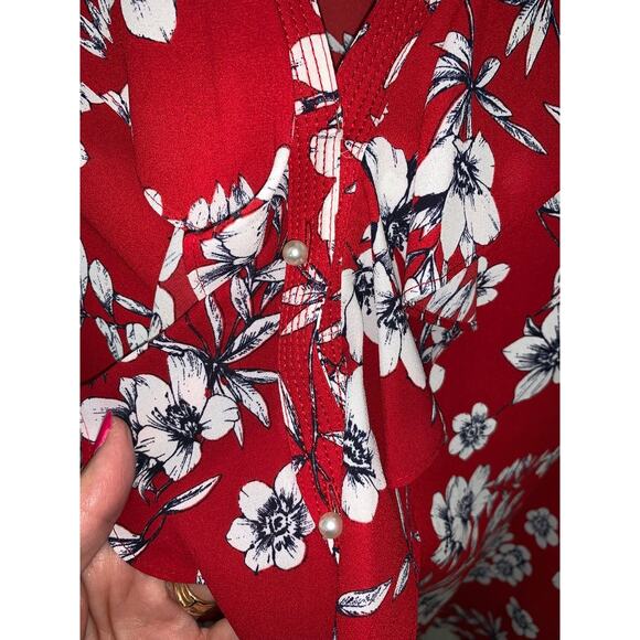 Karl Lagerfeld Paris Women's XXL Red Floral Ruffle Blouse Long Sleeve - Picture 2 of 6